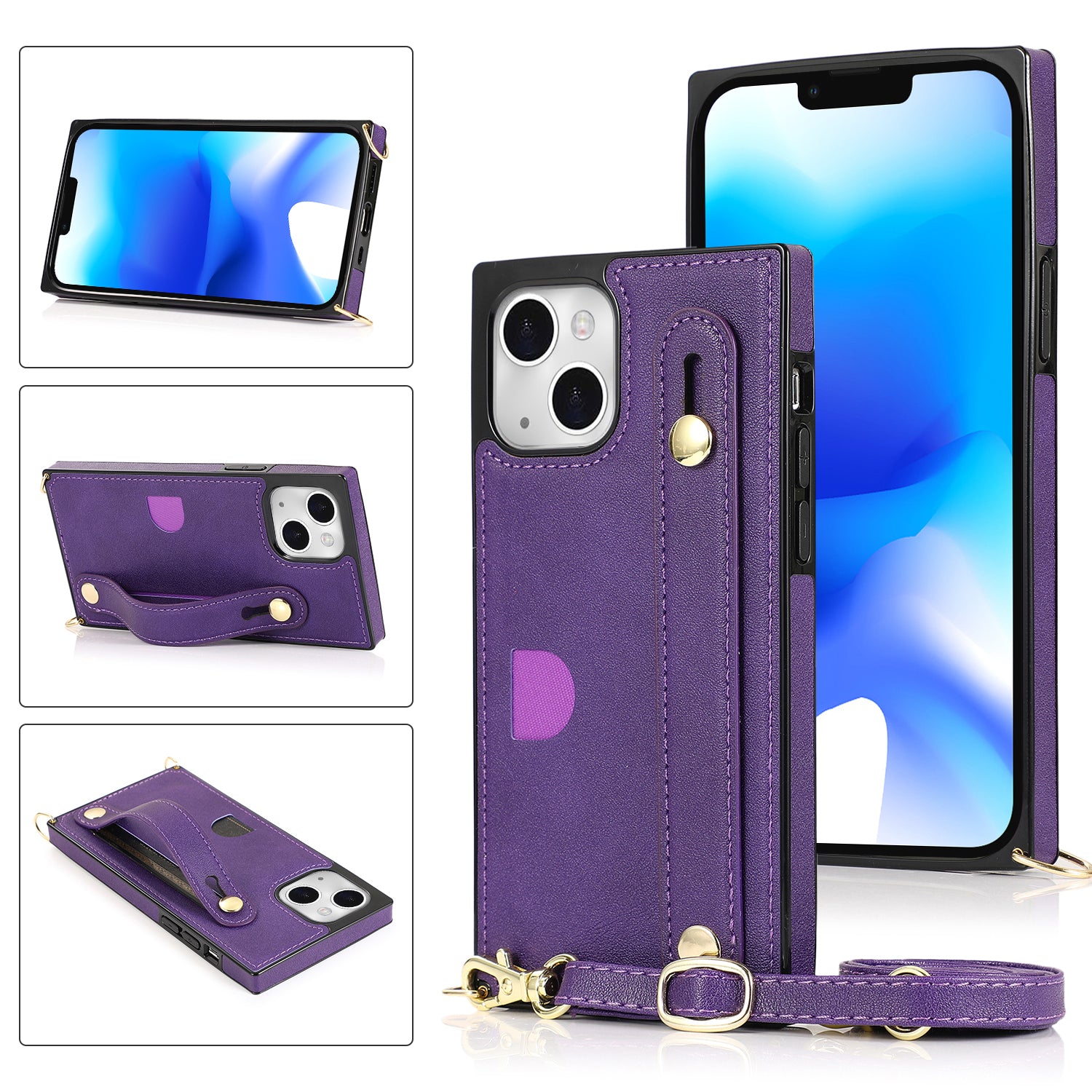 PU Leather+TPU Case for iPhone 14 Phone Cover Anti-drop Card Slot Strap Kickstand Crossbody Shell - Purple PU Leather+TPU Case for iPhone 14 Phone Cover Anti-drop Card Slot Strap Kickstand Crossbody Shell - Purple